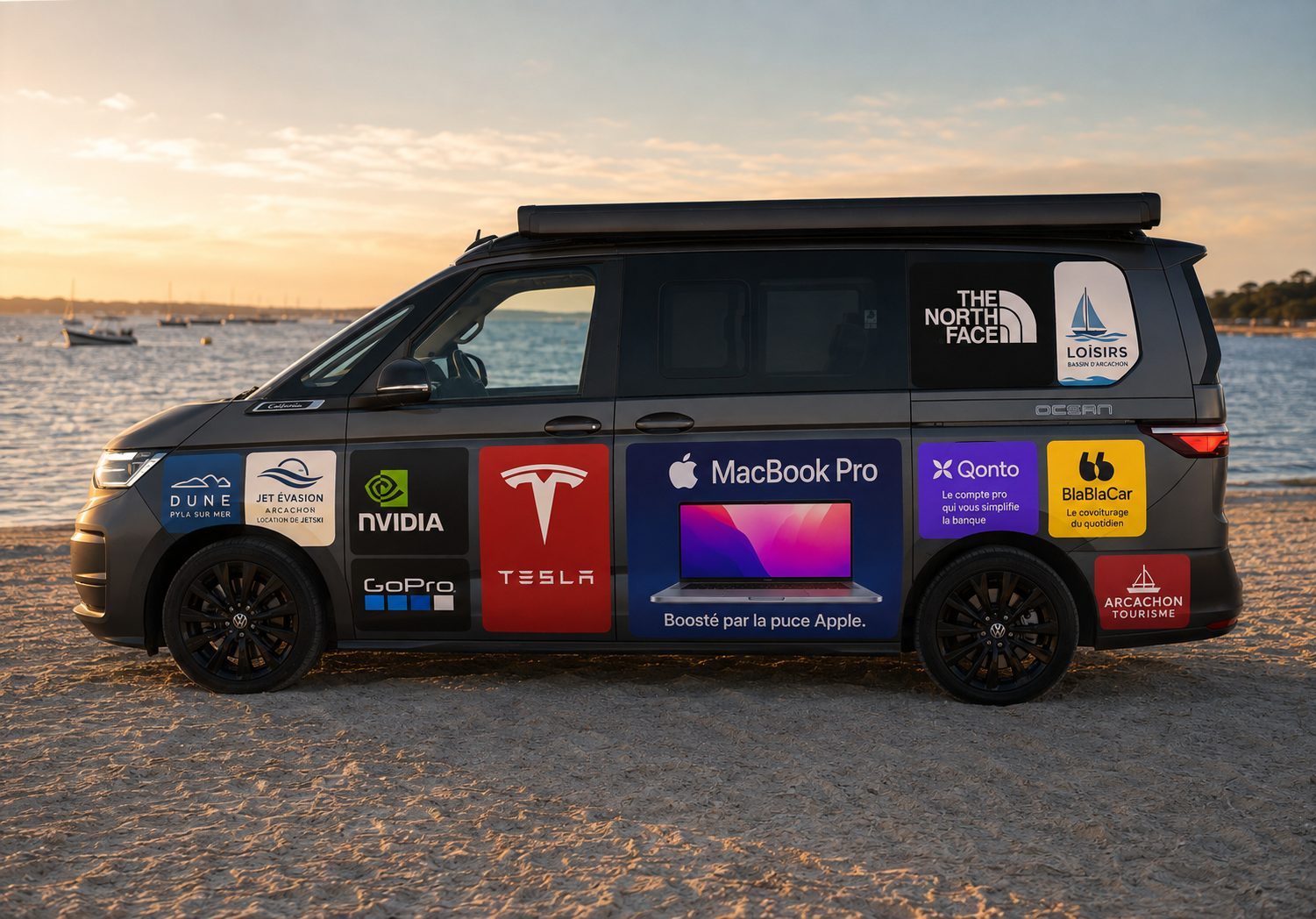 AI mockup of the fully sponsored van, side view on the beach at sunset
